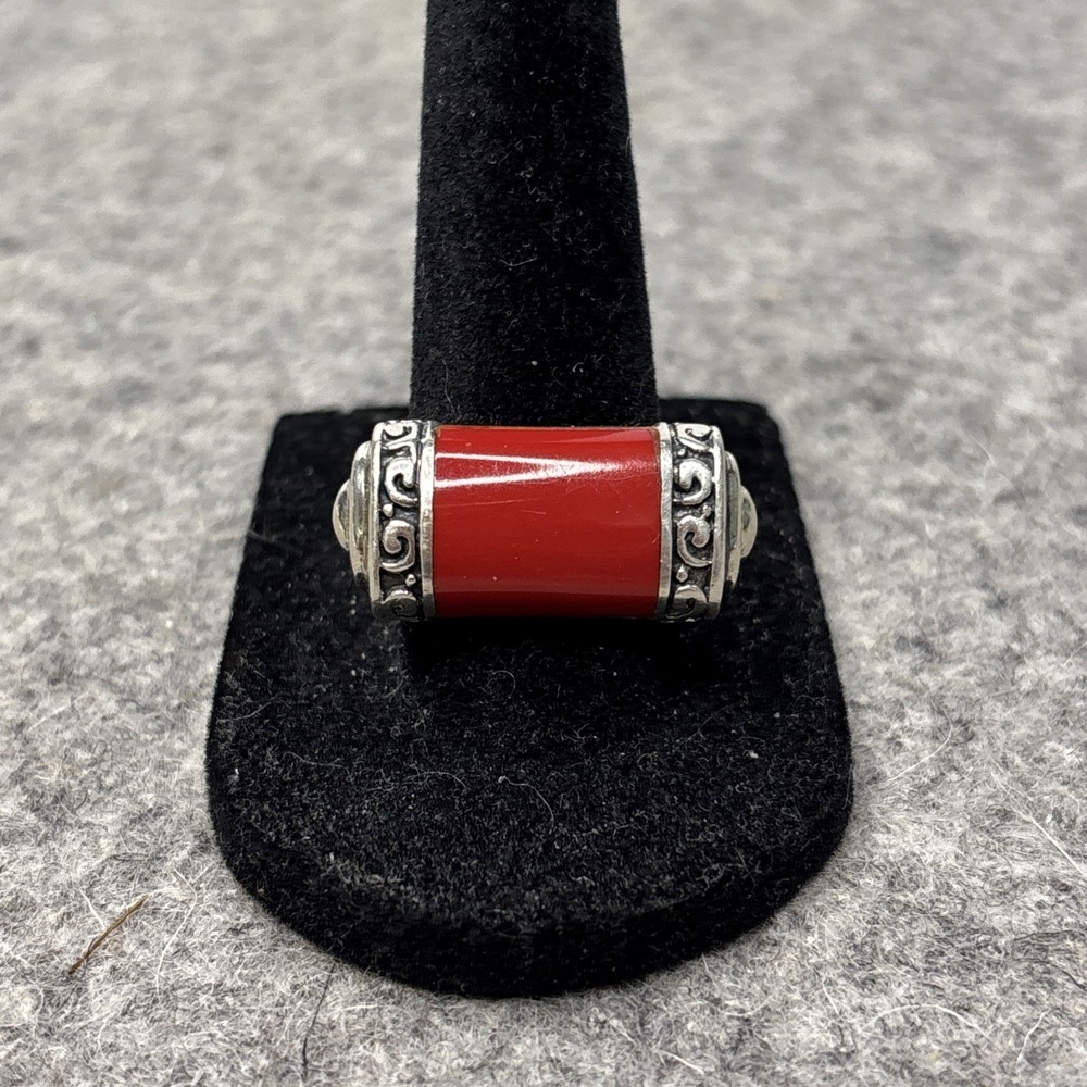 Vintage 925 Sterling Silver Red Barrel Statement Ring Size 7.75 Scrollwork 6g